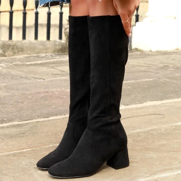 Suede Leather Knee High Sheepskin Boots US 5.5 Black - Picture 1 of 16